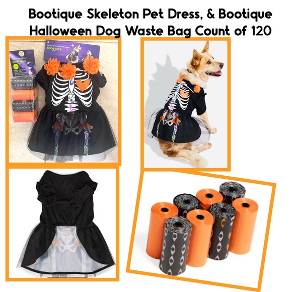 Bootique Skeleton Pet Dress, & Bootique Halloween Dog Waste Bag Count of 120 - Picture 1 of 15